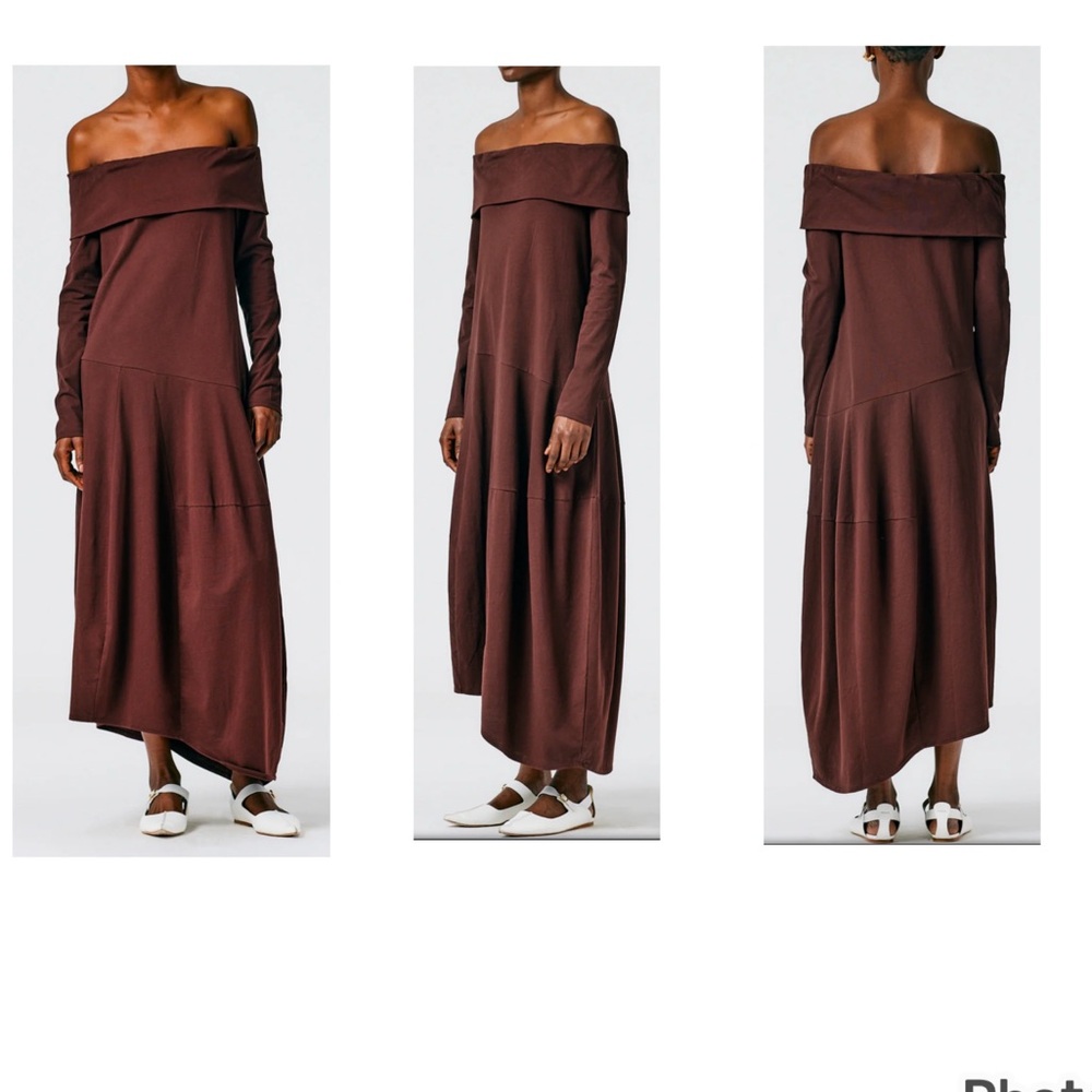 Tibi Off-the-Shoulder Long Sleeve Maxi Dress in Deep Brown